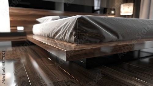A closeup of a modern wooden bed with a high-gloss lacquered finish and minimalist design. photo