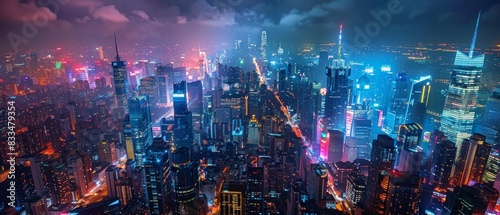 Wide-angle shot of a bustling, futuristic cityscape at night, neon lights reflecting off sleek skyscrapers, advanced digital techniques for dynamic color range and sharp precision photo