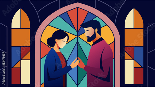 The couple stands side by side in front of a beautiful stained glass window heads bowed in reverence as they pray.. Vector illustration