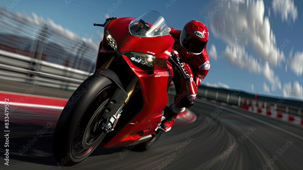 Naklejka premium motorcycle racing, with a dynamic action shot of the bike speeding down a racetrack, capturing the essence of speed and precision.