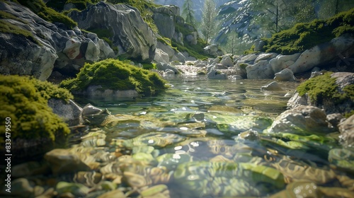 A super realistic image of a tranquil mountain stream with clear water and moss-covered rocks,