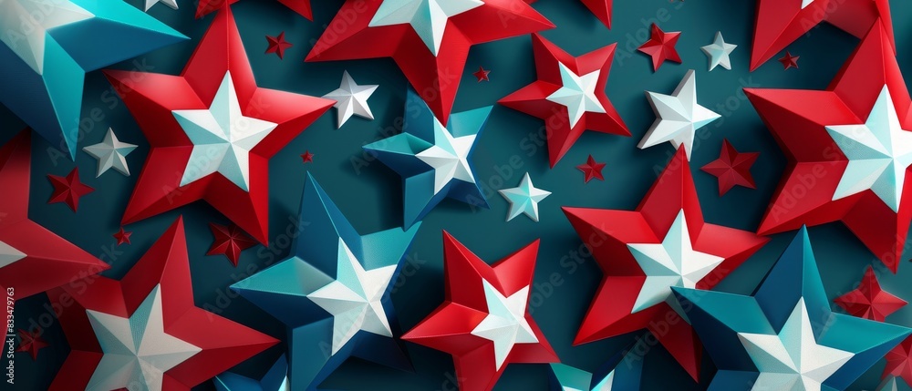 Red, white, and blue 3D stars pattern forming a vibrant patriotic background, perfect for celebrations and festive designs.