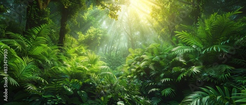 Wide-angle view, lush verdant forest, sunlight filtering through dense foliage, vibrant emerald greens, photorealistic digital rendering, tranquil and fresh ambiance