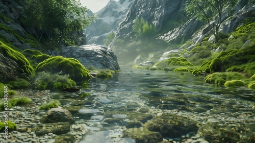 A super realistic image of a tranquil mountain stream with clear water and moss-covered rocks,