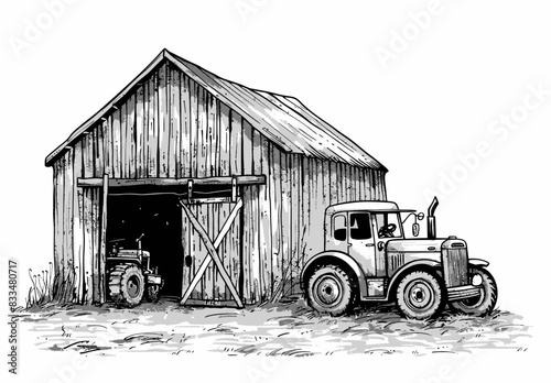 a drawing of a tractor and a barn