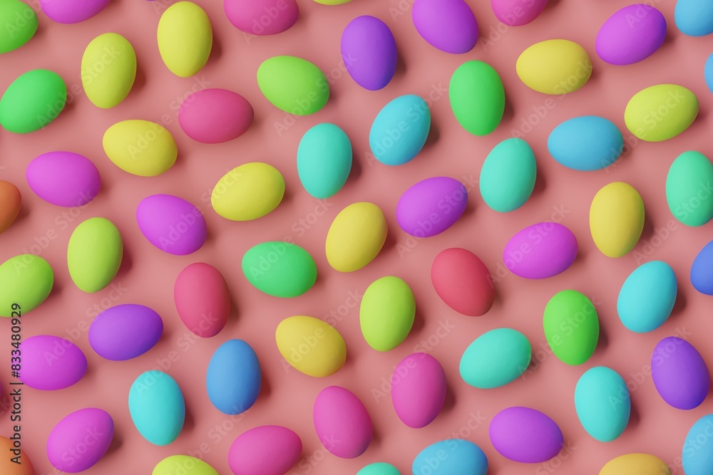 Many colorful eggs on indian red background. Top flat view, diagonal grid. 3d render, illustration Many colorful eggs on indian red background. Top flat view, diagonal grid. 3d render, illustration