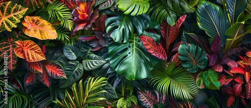 Vibrant tropical foliage with a variety of colorful  lush leaves  creating a rich and exotic botanical garden background.