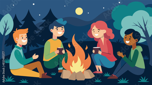 The comforting smell of burning wood and sound of laughter coming from a group of Christian youth gathered around a campfire.. Vector illustration