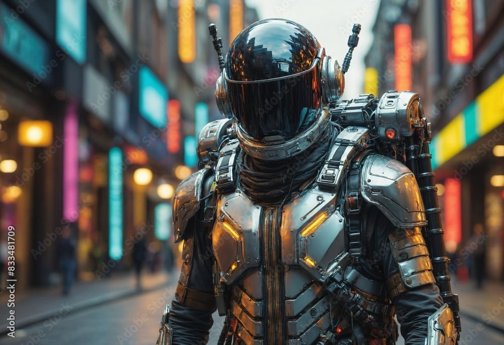 A futuristic cyber warrior stands in a bustling city street, his jetpack and armor integrated with advanced AI technology.