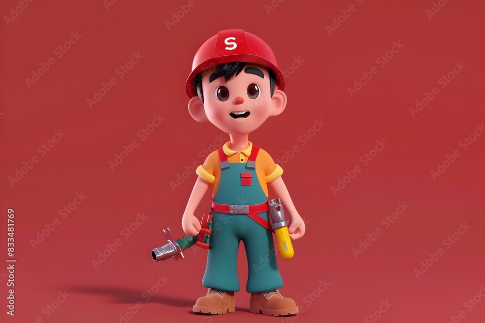 Proud 3D Cartoon Kid Plumber in Uniform Holding Tools and Equipment Proud 3D Cartoon Kid Plumber in Uniform Holding Tools and Equipment