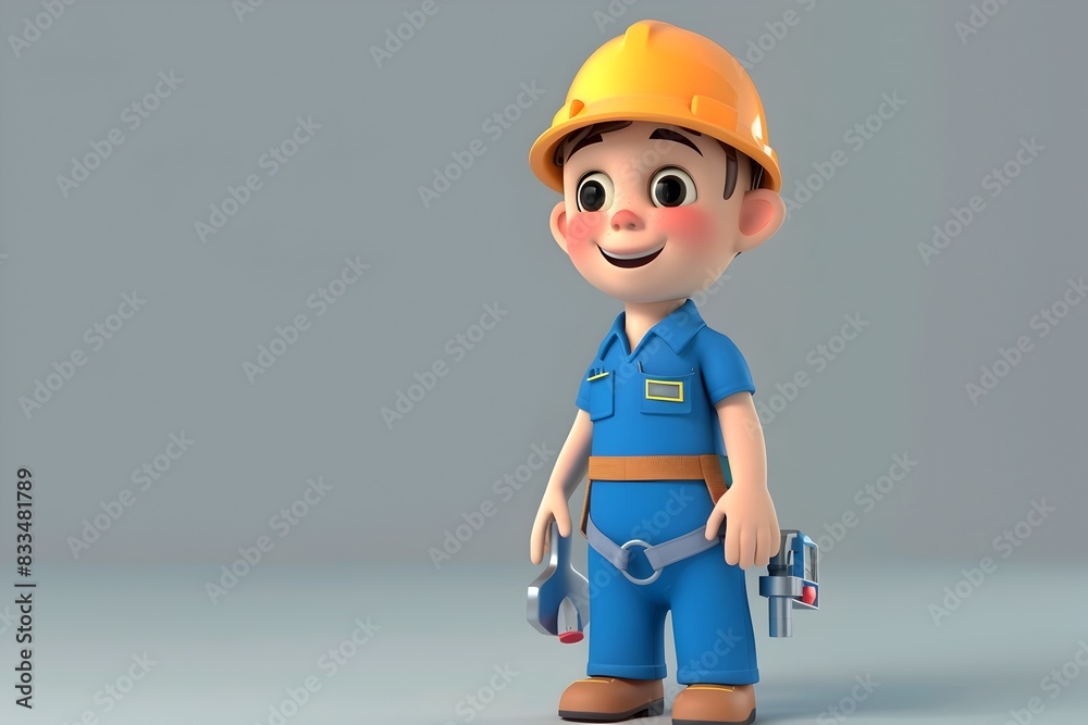Cheerful Cartoon Kid in Plumber Uniform Holding Tools with Confidence Cheerful Cartoon Kid in Plumber Uniform Holding Tools with Confidence