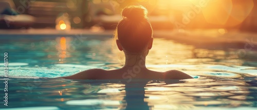 Woman relaxing in a pool at sunset with a serene atmosphere, warm light, and tranquil water reflections. Perfect for vacation and relaxation themes.