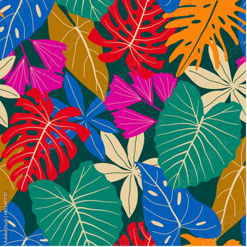 Abstract seamless tropical pattern with bright plants and leaves on a green background. Modern abstract design for fabric, paper, interior decor. Seamless pattern with colorful leaves and plants.