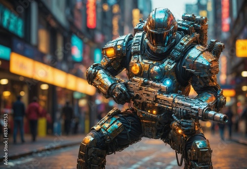 A futuristic cyber warrior stands ready in a bustling city street, and heavy armor with thrusters, ready for battle.