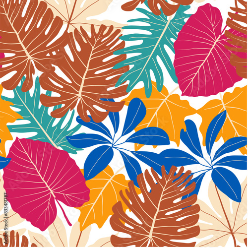Abstract seamless tropical pattern with bright plants and leaves on a white background. Tropic leaves in bright colors. Beautiful seamless vector floral pattern.