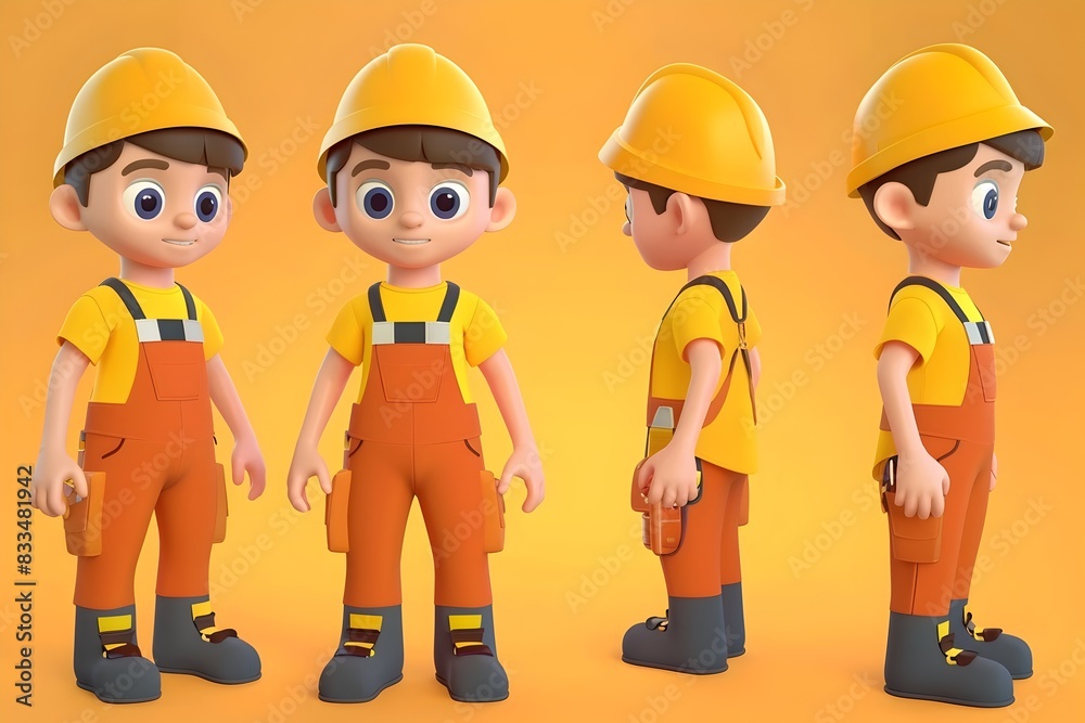 Cartoon 3D Kid Construction Worker in Uniform Aspiring for Profession Cartoon 3D Kid Construction Worker in Uniform Aspiring for Profession