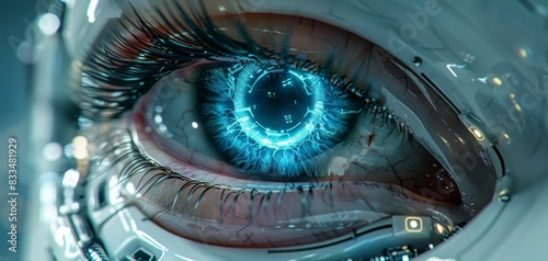 A hyper-realistic close-up of a bionic eye, with intense blue irises and intricate metallic details, futuristic technology, digital 3D render, photorealistic © Purichaya