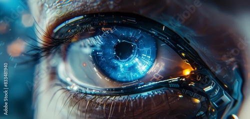 A hyper-realistic close-up of a bionic eye, with intense blue irises and intricate metallic details, futuristic technology, digital 3D render, photorealistic