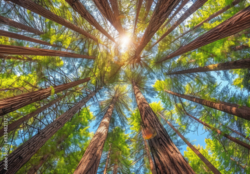 A wide-angle view of the sky through tall trees, showing dense foliage and clear blue skies. The perspective is from below looking up at an expansive canopy of redwood forests in California's Redwood  photo