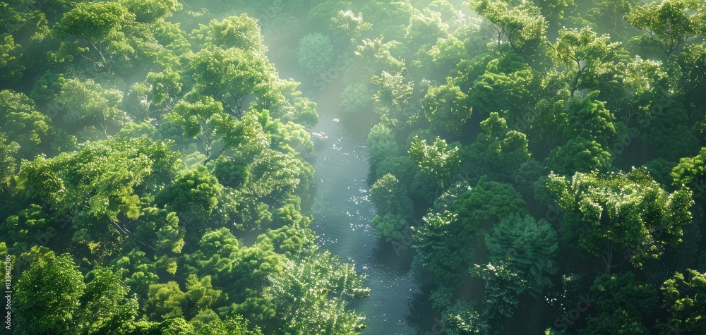 A serene aerial view of a lush