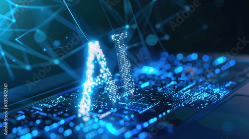 Blue AI text with digital and futuristic elements glowing in the dark, artificial intelligence banner technology, data science and innovation web internet cyber space.