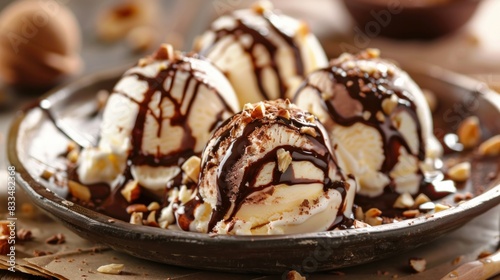 A delightful image featuring multiple scoops of ice cream, each drizzled with rich chocolate sauce and sprinkled with nuts