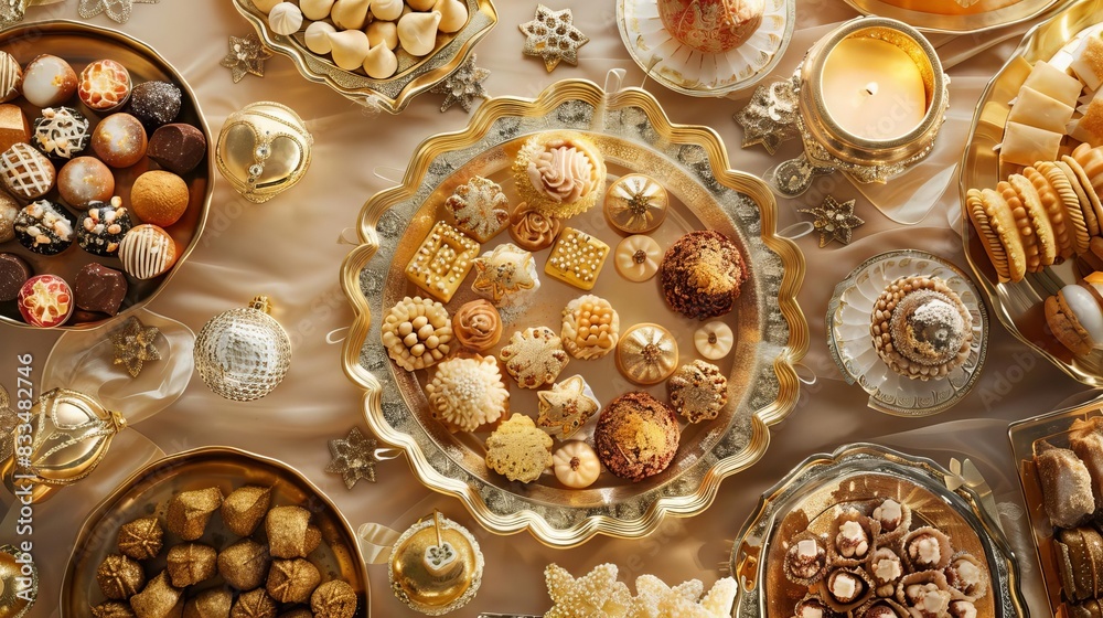 Assortment of traditional Arabic sweets and cookies on a table setting. Assortment of traditional Arabic sweets and cookies on a table setting.