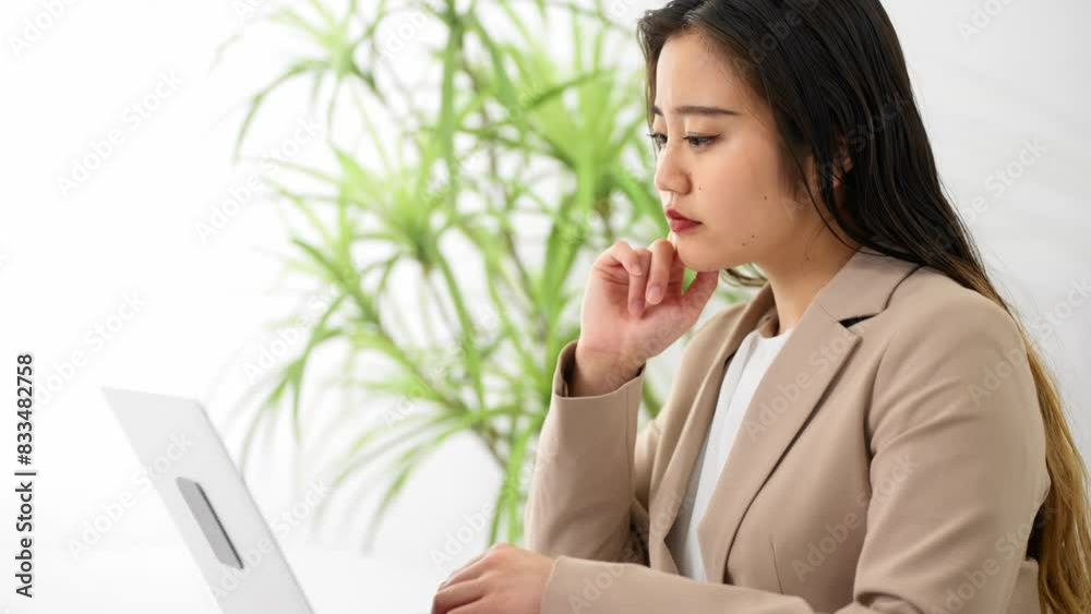 ビジネススーツを着てラップトップを操作している若い女性　ビジネスイメージ