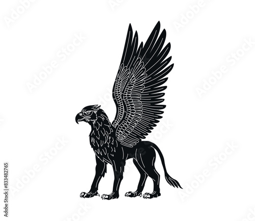 Vector illustration of a griffin. Half bird; half lion Fairytale animal. Mythical creature. Ancient Greek characters. Bird with lion paws. Lion with the head of an eagle. Black silhouette
