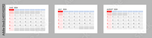 calendar of summer months 2024. June July August.