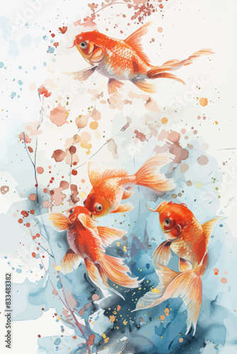 a painting of two goldfish swimming in a pond
