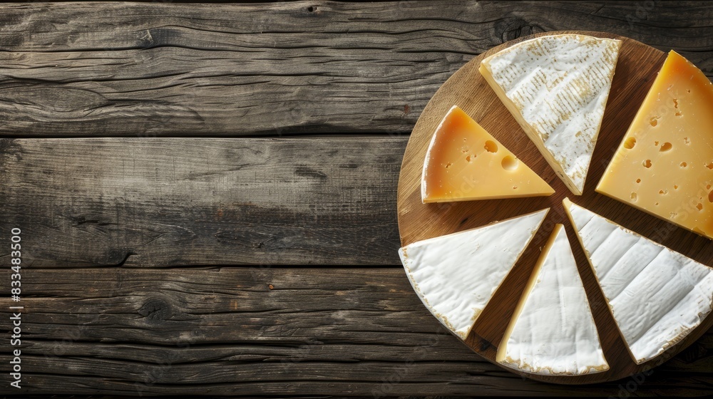 artisanal cheese slices arranged on a wooden board in a top-view shot, bathed in the warm glow of daylight.