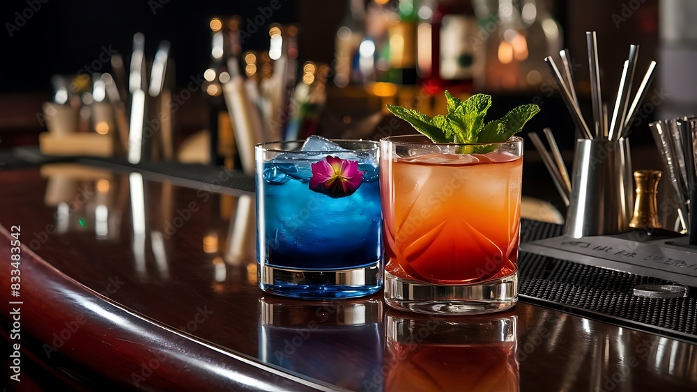 Two fresh alcoholic cocktails on bar counter. Close up of bar details with beverages and drinks Two fresh alcoholic cocktails on bar counter. Close up of bar details with beverages and drinks