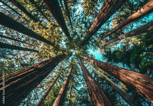 A wide-angle view of the sky through tall trees  showing dense foliage and clear blue skies. The perspective is from below looking up at an expansive canopy of redwood forests in California s Redwood 