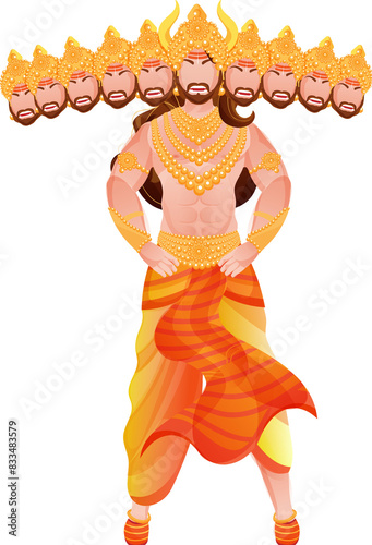 Dussehra festival Character of Happy Ravan Standing with Ten Head Vector Png Illustration.