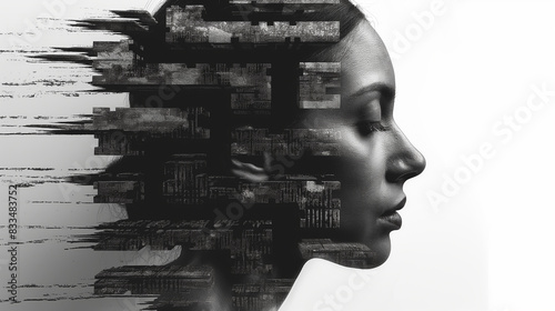 Black and white portrait of a young woman. Her hair is made up of a cityscape. photo