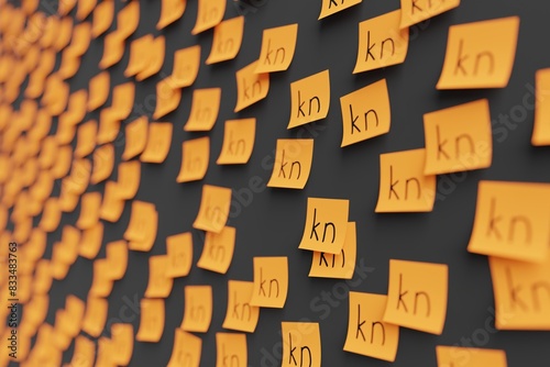 Many orange stickers on black board background with symbol of Croatia kuna drawn on them. Closeup view with narrow depth of field and selective focus. 3d render, illustration