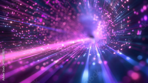 Colorful glowing particles form a digital tunnel.
