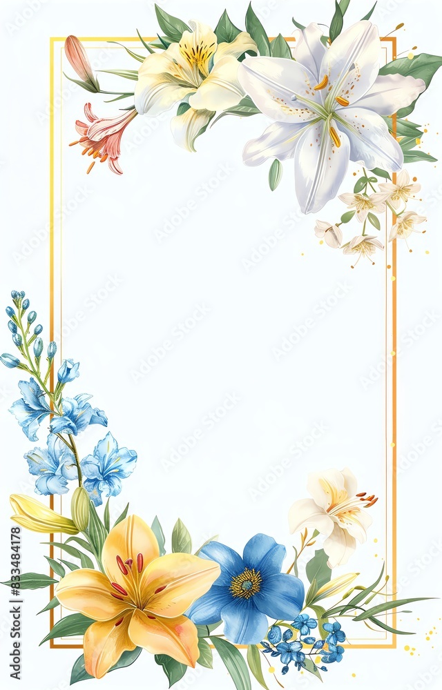 Beautiful floral frame with vibrant flowers in various colors, perfect for invitations, greeting cards, and decorative designs.