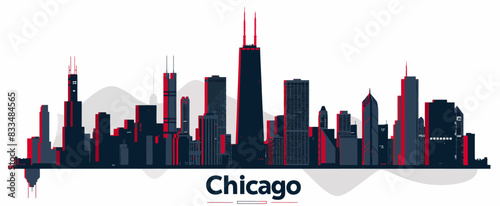 a cityscape with the chicago skyline in red and black