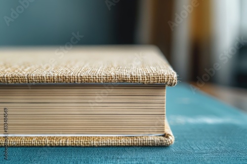 A beige hardcover book with light brown pages on a blue table, with the focus centered on its corner and side. The background is blurred to highlight details like the texture of fabric. photo