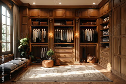 Classic style interior of wardrobe with wooden furniture.