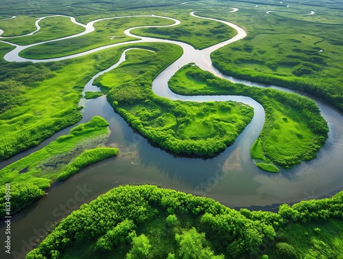 Aerial view of a winding river meandering through vibrant green wetlands, creating intricate patterns