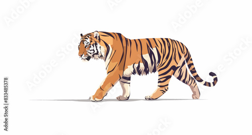 a tiger walking across a white surface