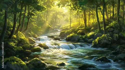 Spring forest river flow landscape 