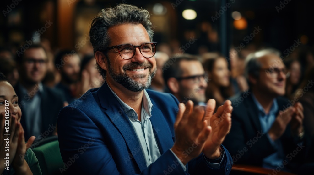 A distinguished man with glasses is fully engaged and clapping enthusiastically at a public event A distinguished man with glasses is fully engaged and clapping enthusiastically at a public event