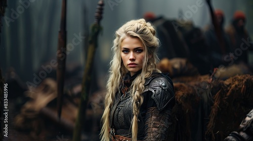 A female warrior with blonde hair and intricate armor stands confidently with warriors behind her in a mystical forest