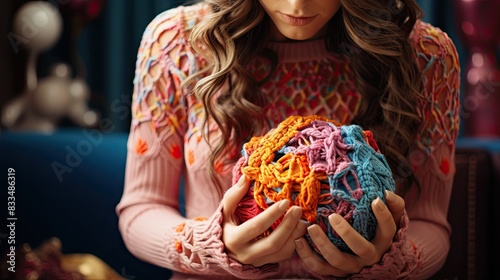 Close-up of a woman's hands as she holds a vibrantly colored ball of knitted yarn, representing creativity and craftsmanship photo