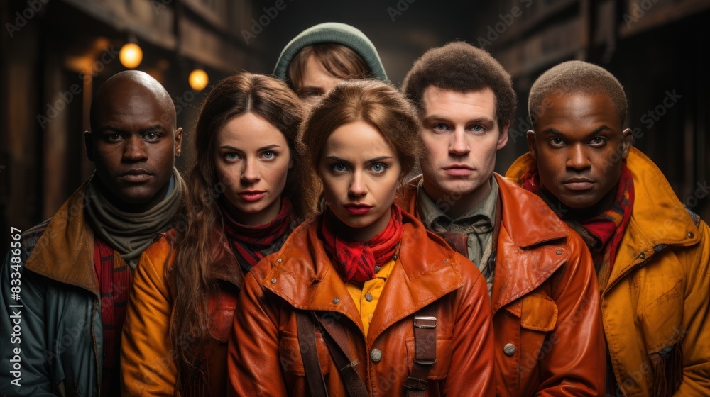 A diverse group of six friends dressed in autumn attire pose seriously in an urban setting A diverse group of six friends dressed in autumn attire pose seriously in an urban setting