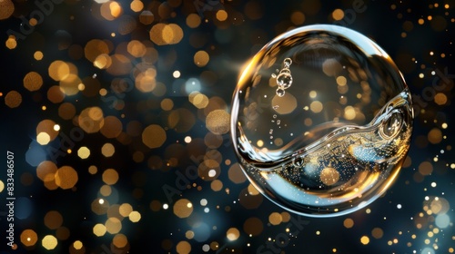 A visually striking image capturing a cosmetic essence with a molecule encapsulated inside a liquid bubble